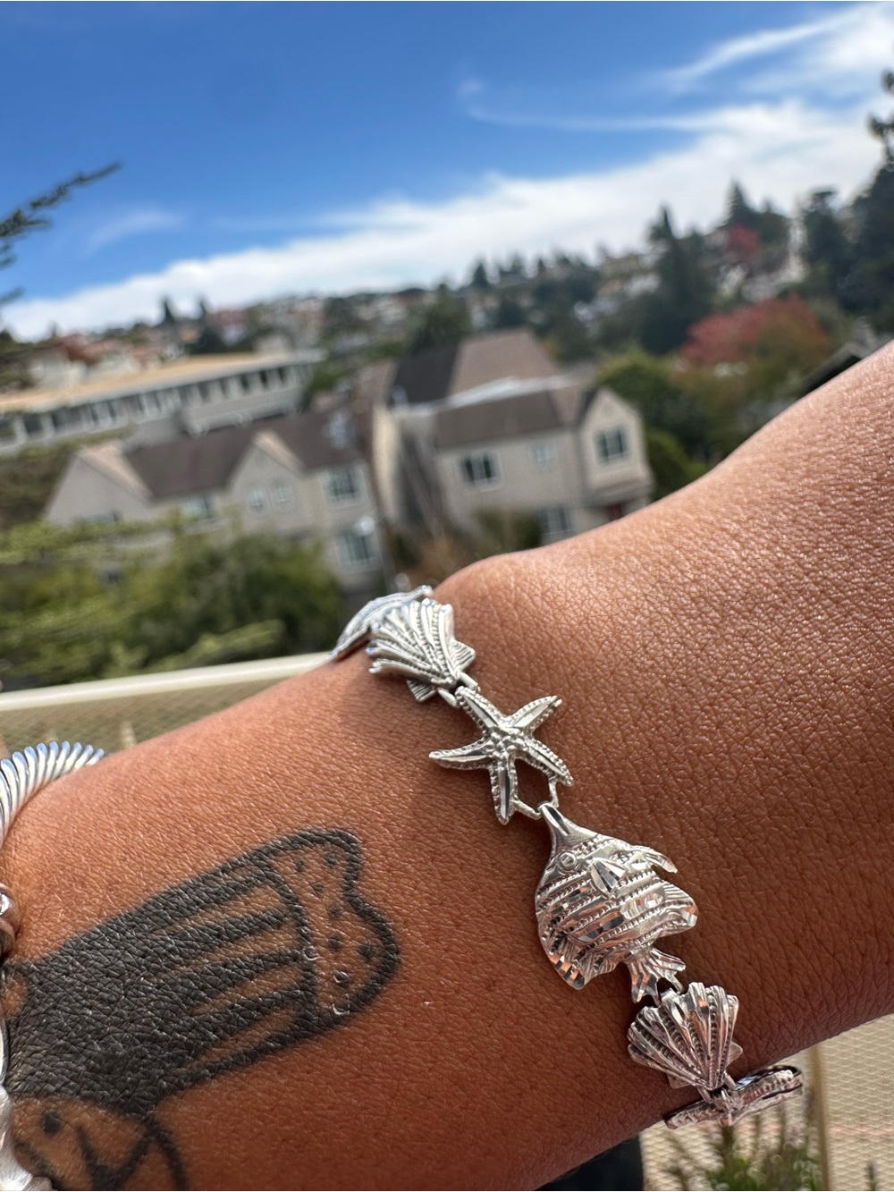 Vintage 925 Sterling Silver Shell & Starfish Bracelet - Women's Beach Jewelry - Picture 2 of 8